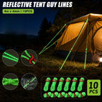 Paquete de 10 Cuerdas Reflectantes para Tienda (4mm) – Alta Visibilidad, Resistencia al Viento y Brillo Nocturno, con Ajustadores de Tensión; Ideales para Camping, Senderismo y Toldos