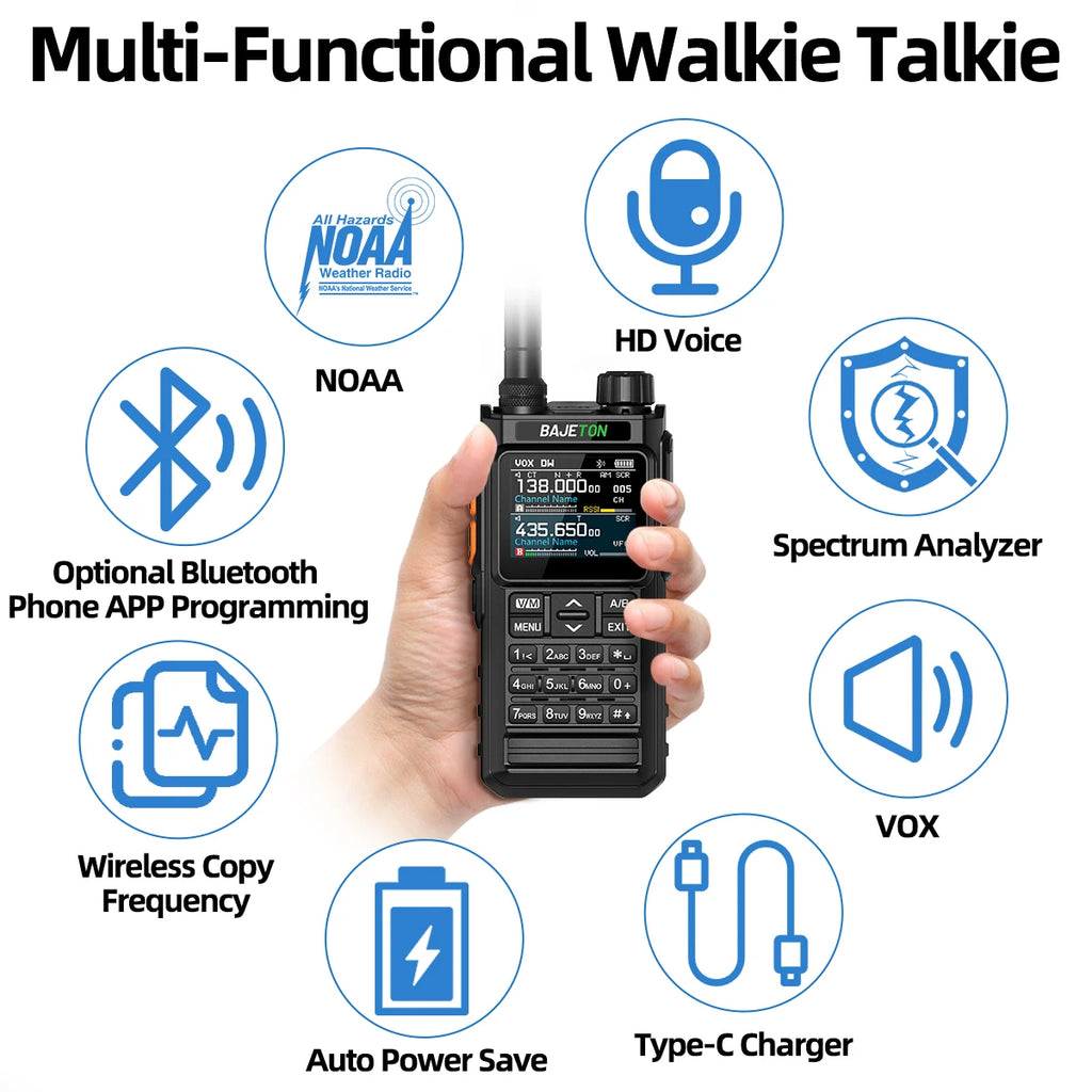BAJETON BJ7700 Walkie Talkie Multibanda Bluetooth Programable, Reducción de Ruido, AM/FM Radio Ham para Camping BJ8200