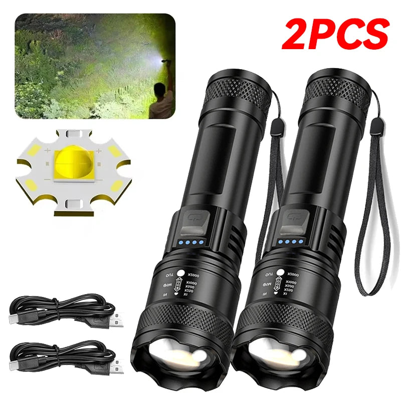Linterna LED Potente de 2000LM con Pantalla, Recargable USB, Zoom y Modos para Camping, Pesca y Emergencias
