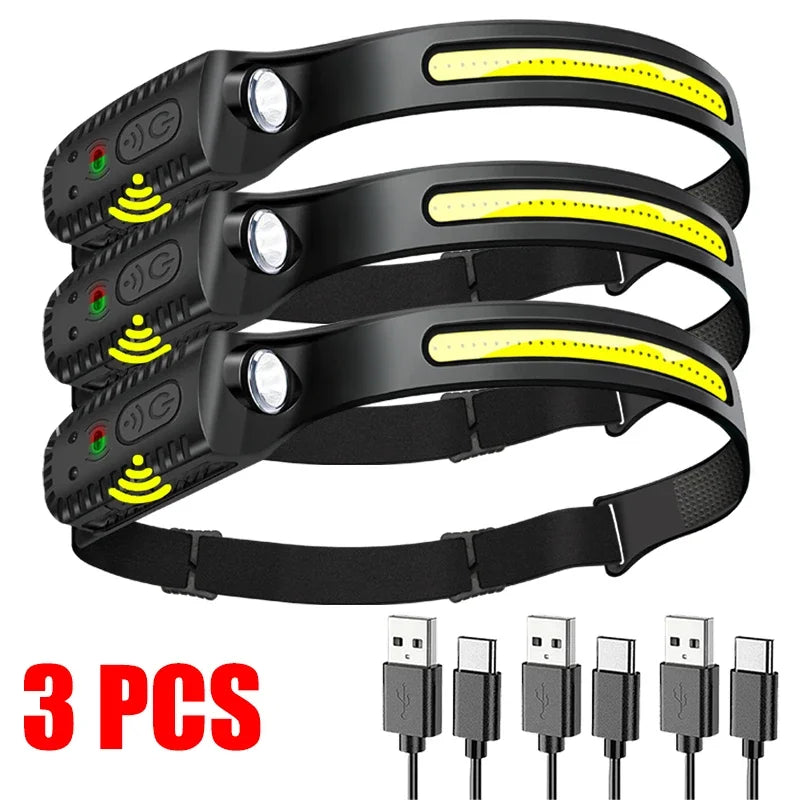 Linterna Frontal LED Recargable USB con Sensor XPE+COB para Camping y Pesca