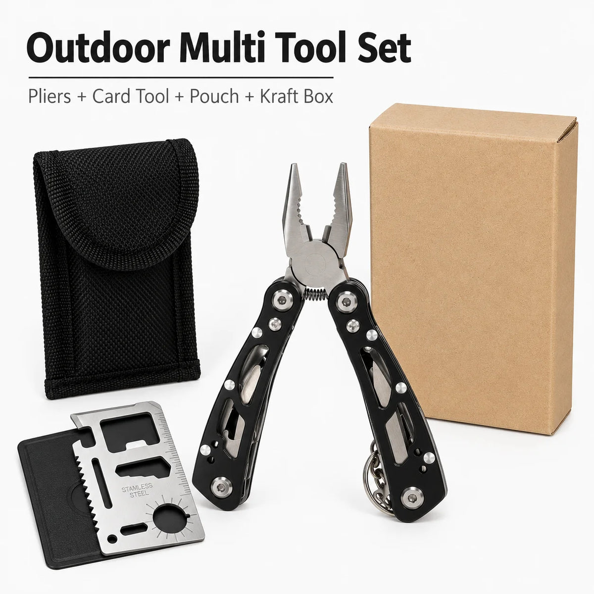 Set de 2 Herramientas Multiusos para Exterior: Alicates Plegables y Tarjeta de Bolsillo para Campamento y Reparaciones