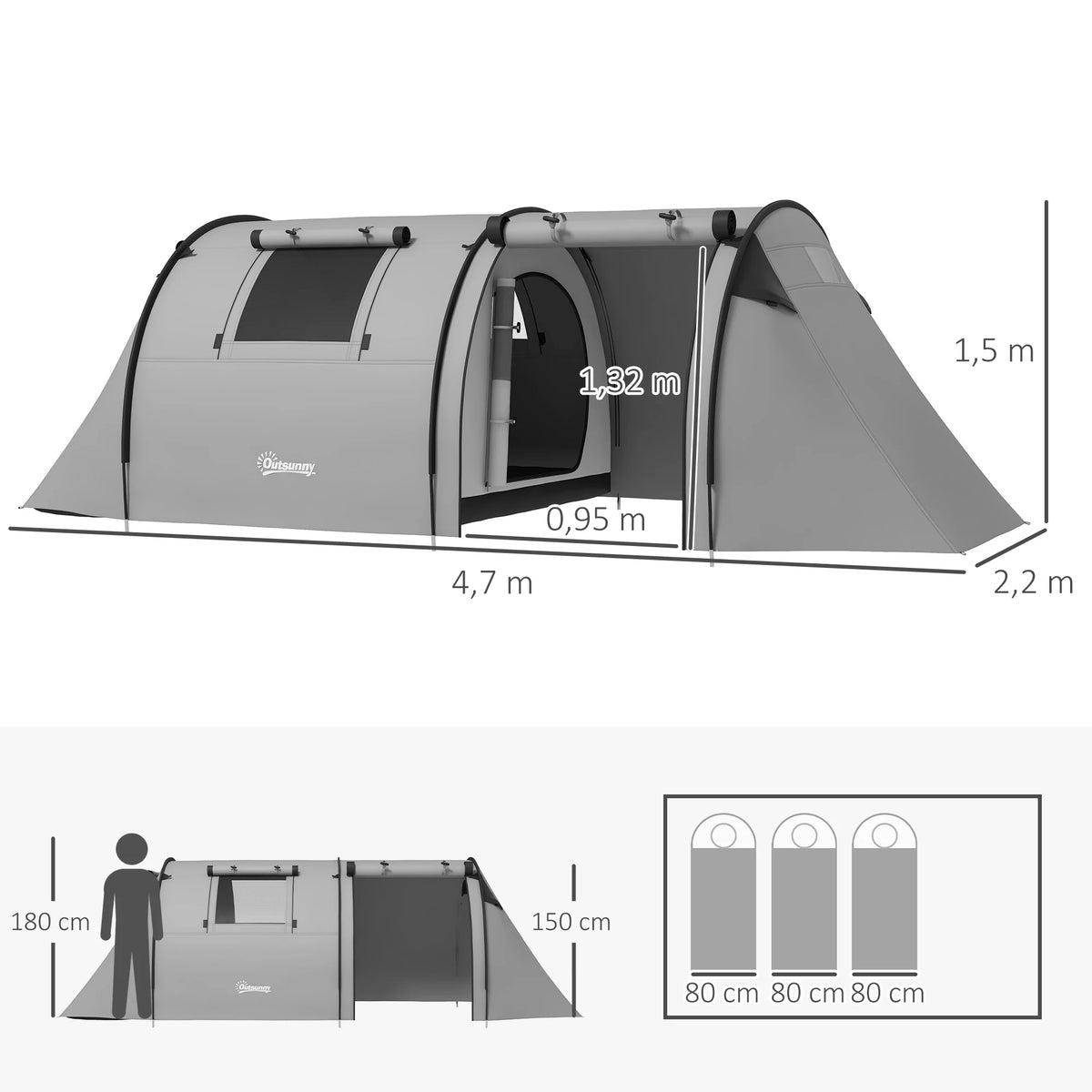 Tienda de campaña para 3 personas con ventanas, gancho y bolsa de transporte impermeable 3000mm 470x220x150 cm verde
