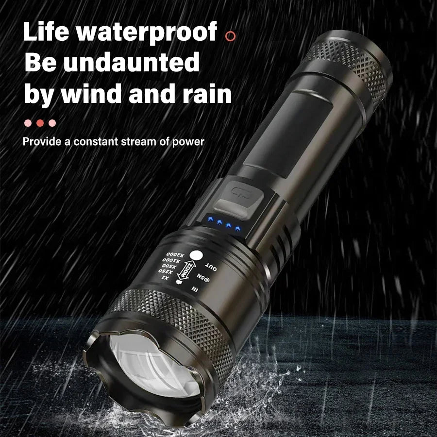 Linterna LED Potente de 2000LM con Pantalla, Recargable USB, Zoom y Modos para Camping, Pesca y Emergencias