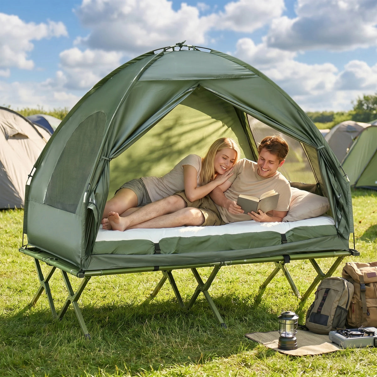 Cama Doble Plegable Outsunny con Colchón Inflable y Tienda para Camping