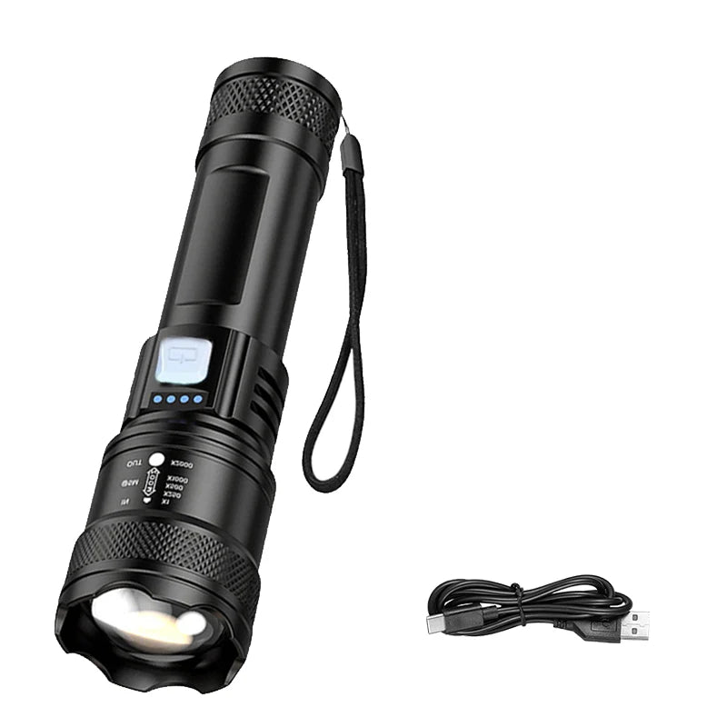 Linterna LED Potente de 2000LM con Pantalla, Recargable USB, Zoom y Modos para Camping, Pesca y Emergencias