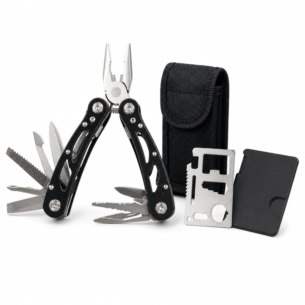 Set de 2 Herramientas Multiusos para Exterior: Alicates Plegables y Tarjeta de Bolsillo para Campamento y Reparaciones