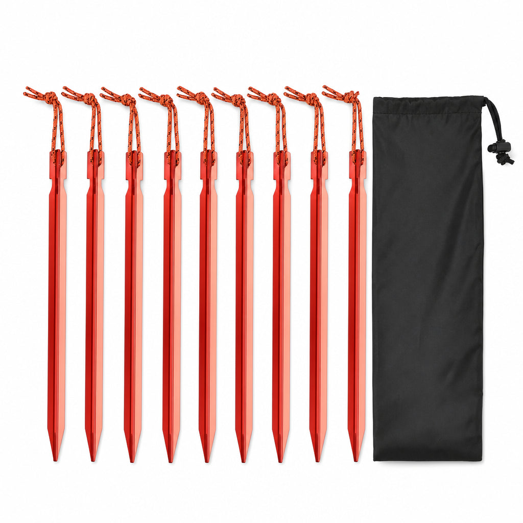 Set de 10 Estacas Ultraligeras de Aleación de Aluminio 18cm para Camping con Bolsa de Almacenamiento y Cuerda